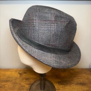 Dobbs Fifth Avenue Wool‎ Tweed Fedora Hat Gray Plaid 7.5 Made in USA Vintage